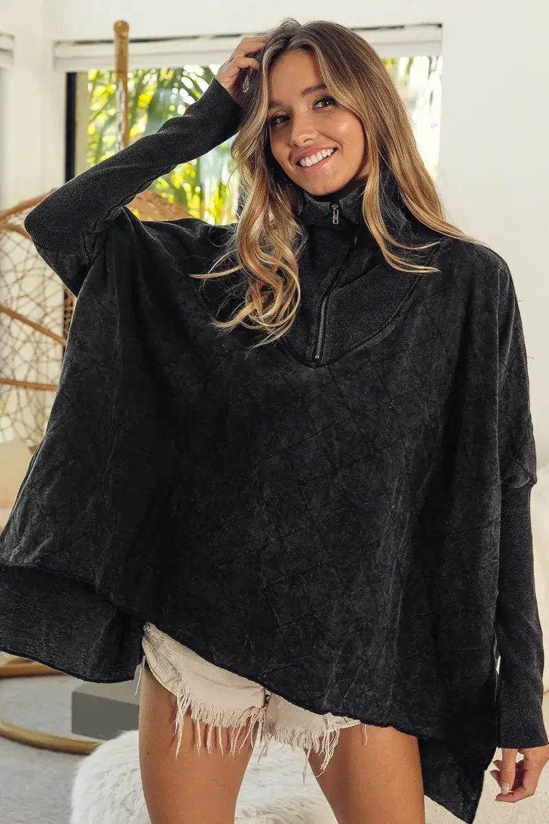 BiBi Vintage Washed Quilted Half Zip Top - Trendsi - Flyclothing LLC