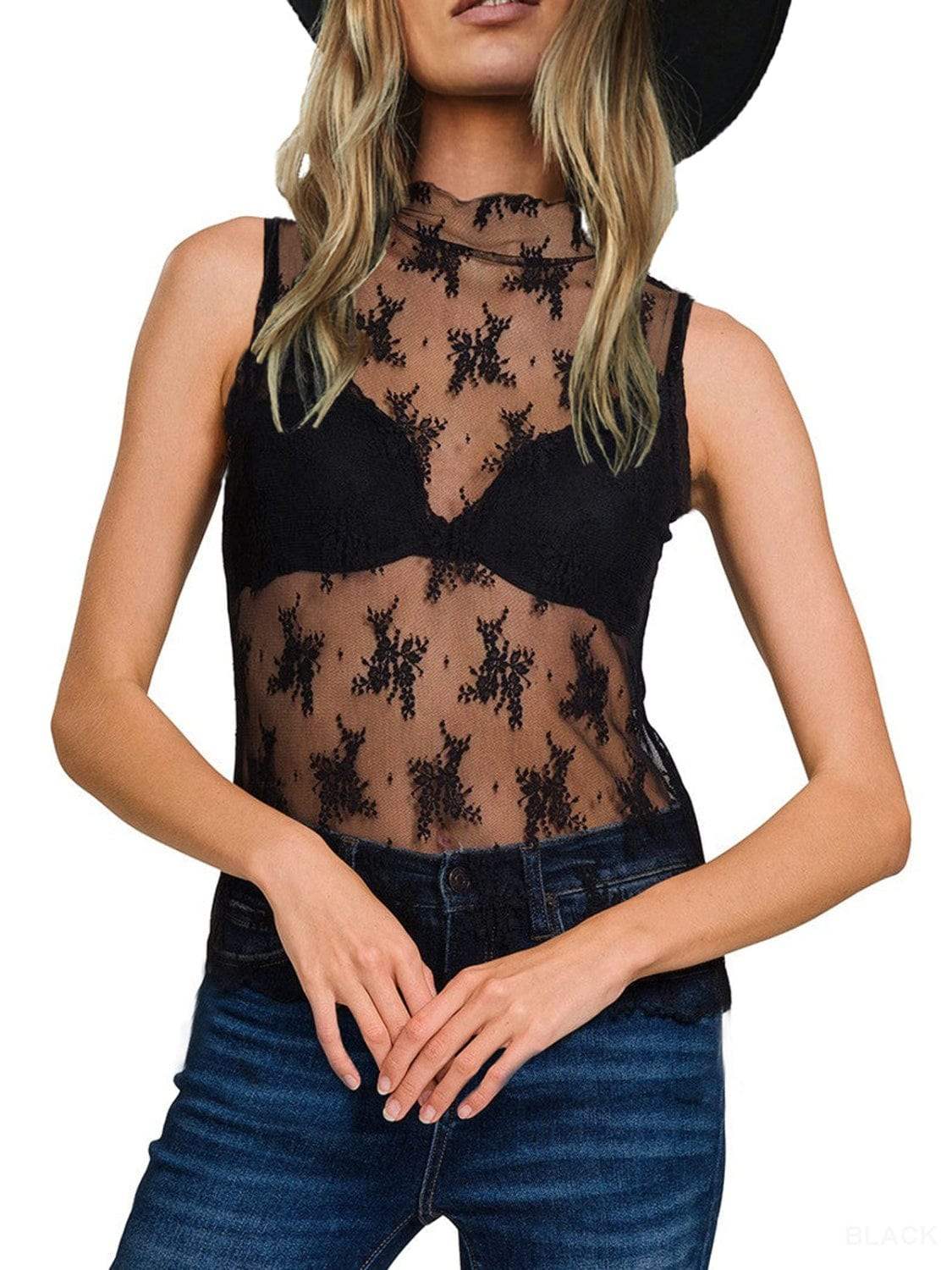 Lace Mock Neck Top - Trendsi - Flyclothing LLC