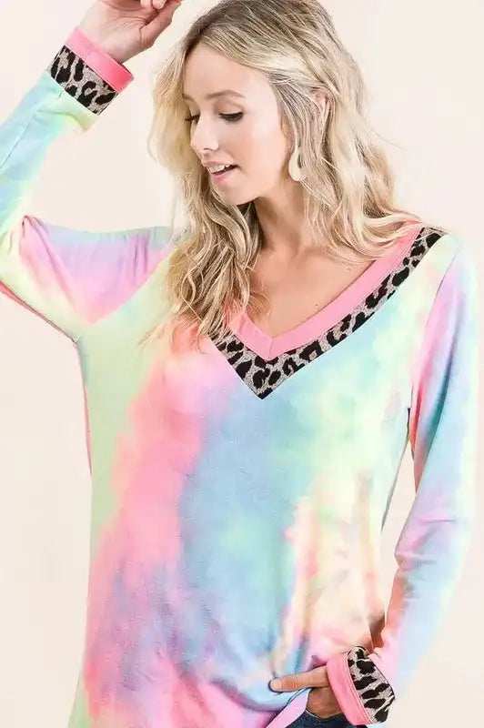 BiBi Tie Dye Terry V-Neck Top - Trendsi - Flyclothing LLC