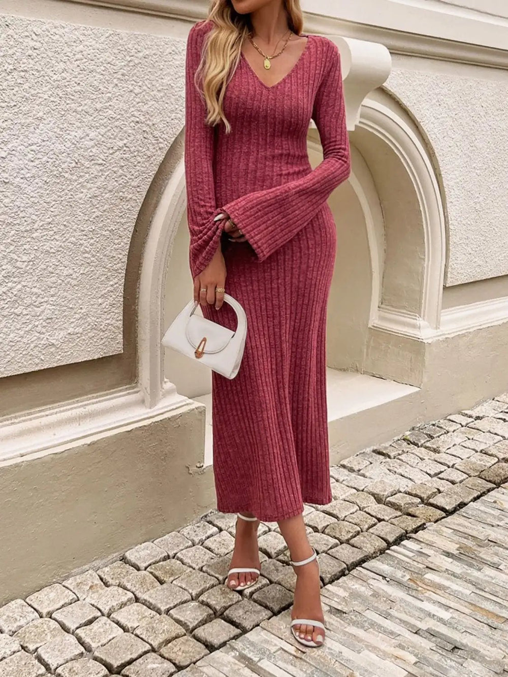 Devine Tied V-Neck Long Sleeve Sweater Dress - Trendsi