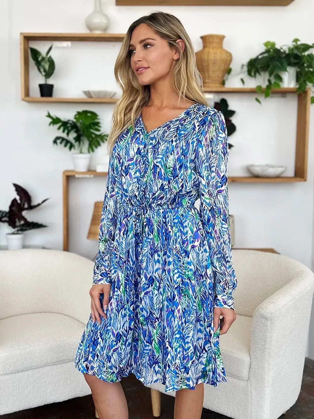 Double Take Full Size Printed Drawstring Waist Long Sleeve Dress - Trendsi - Flyclothing LLC