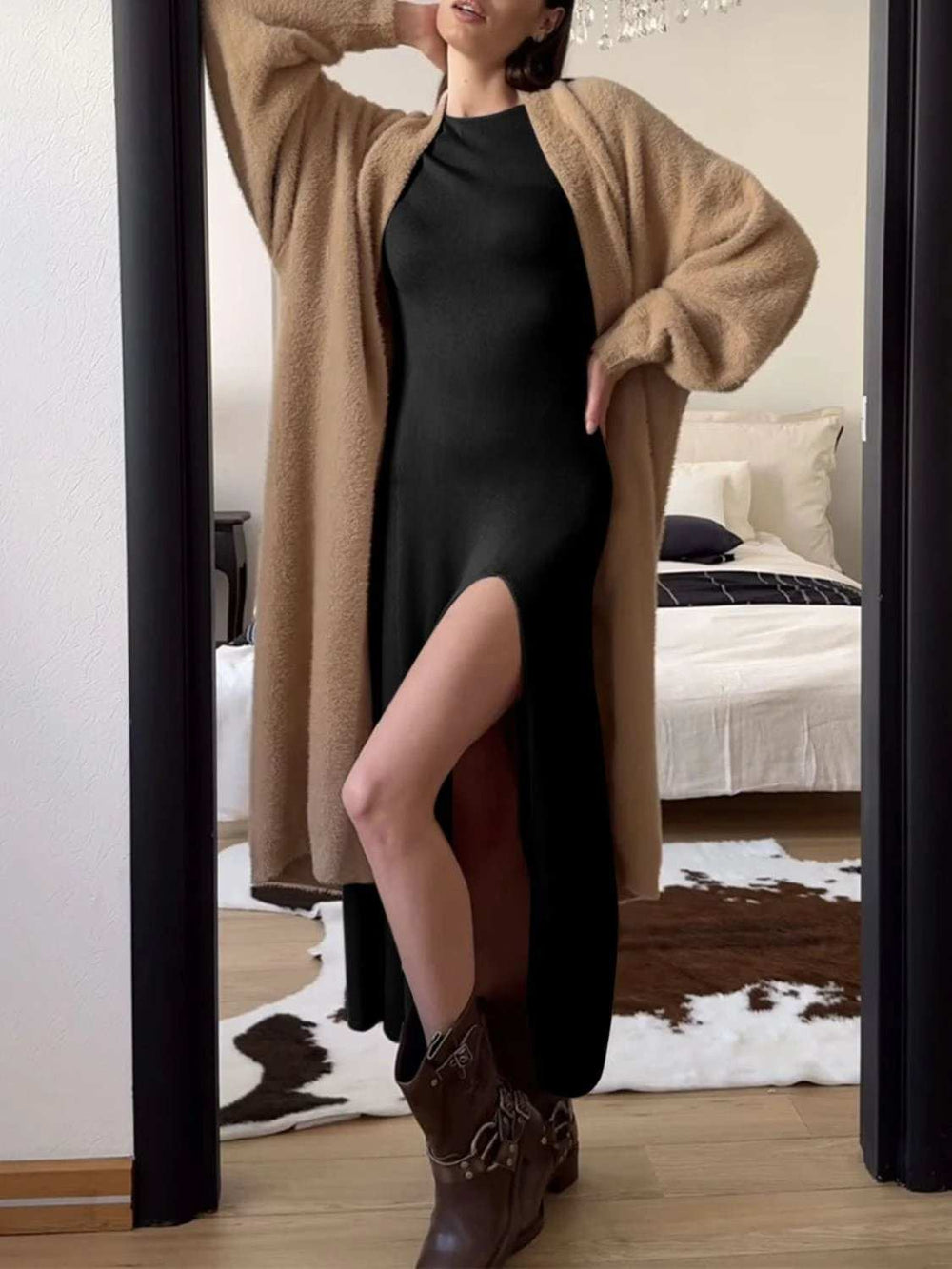 Side Slit Round Neck Long Sleeve Dress - Trendsi - Flyclothing LLC