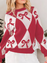 Bow Print 2-Tone Rhombus Knit Loose Sweater - Trendsi - Flyclothing LLC