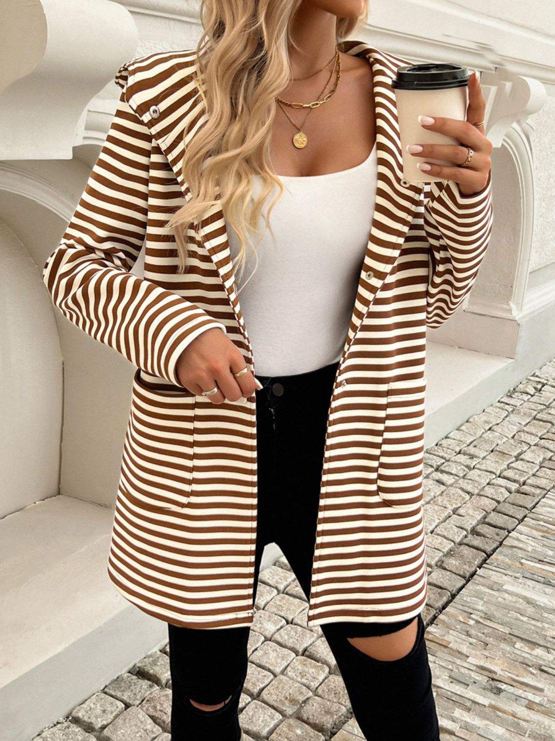 Devine Striped Long Sleeve Hooded Outerwear - Trendsi - Flyclothing LLC