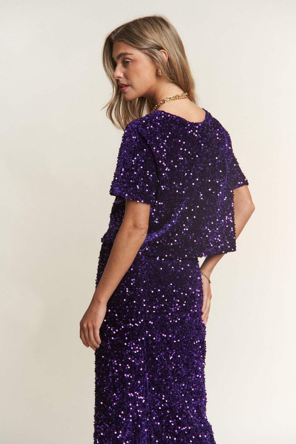 J.NNA Sequin Short Sleeve Crop T-Shirt - Trendsi - Flyclothing LLC