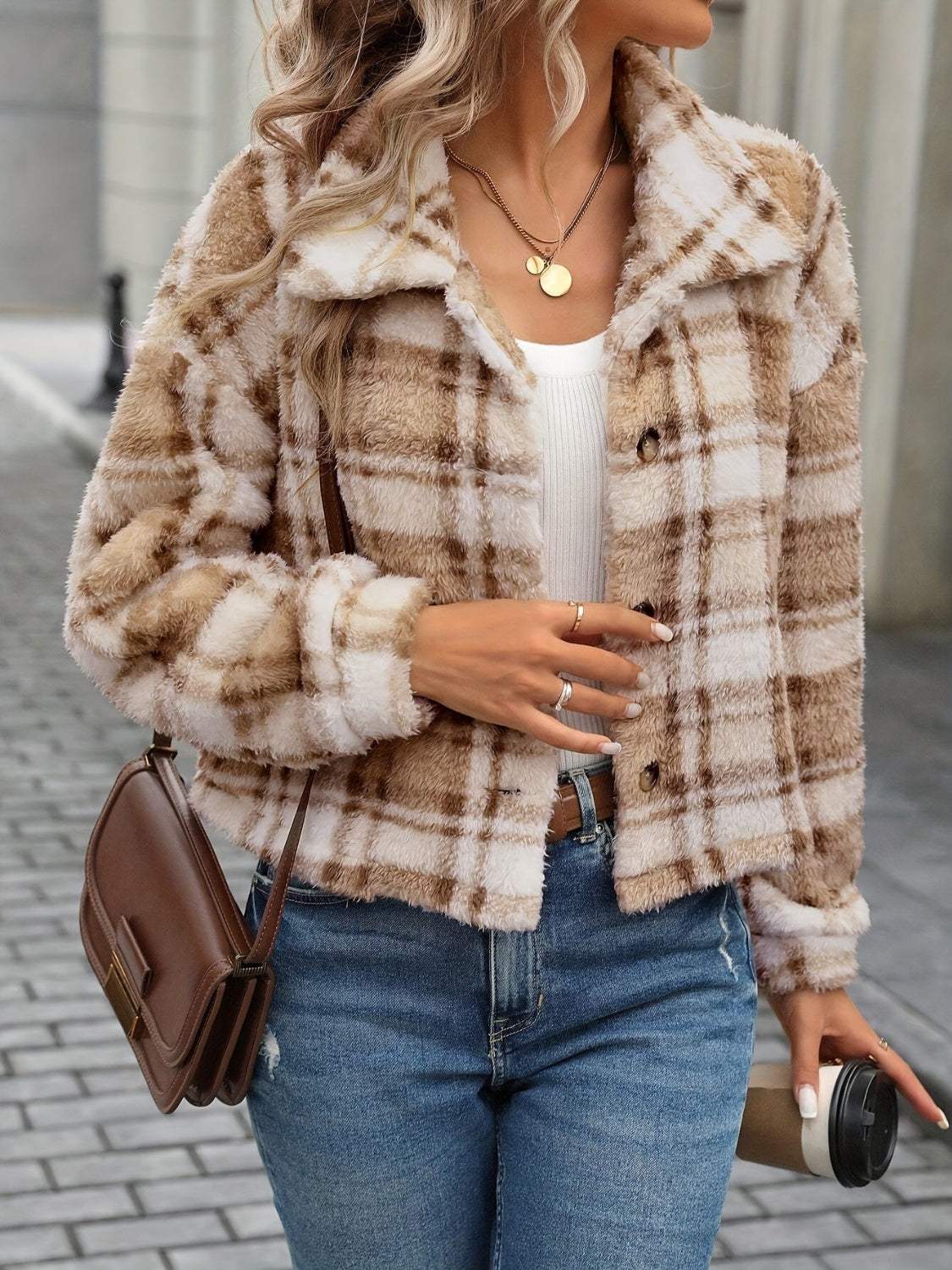 Plaid Button Up Collared Neck Long Sleeve Jacket - Trendsi - Flyclothing LLC