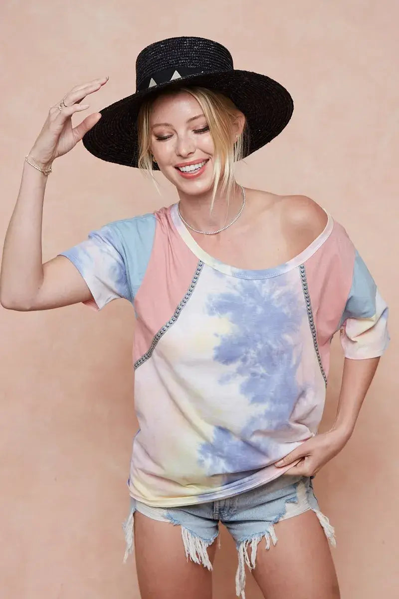 BiBi Tie Dye Printed Cotton Color Block T-Shirt - Trendsi - Flyclothing LLC