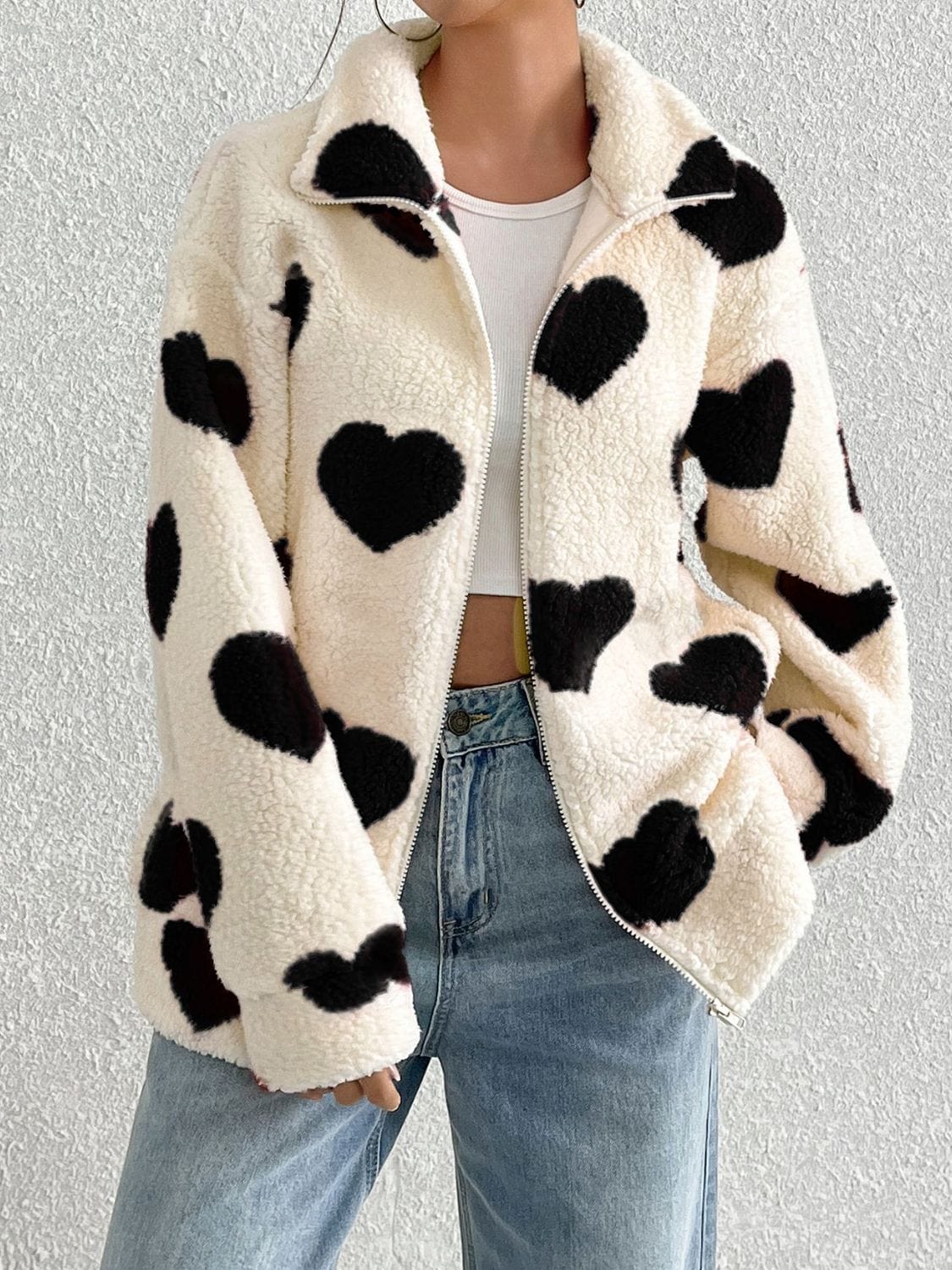 Heart Zip Up Drop Shoulder Furry Jacket - Trendsi