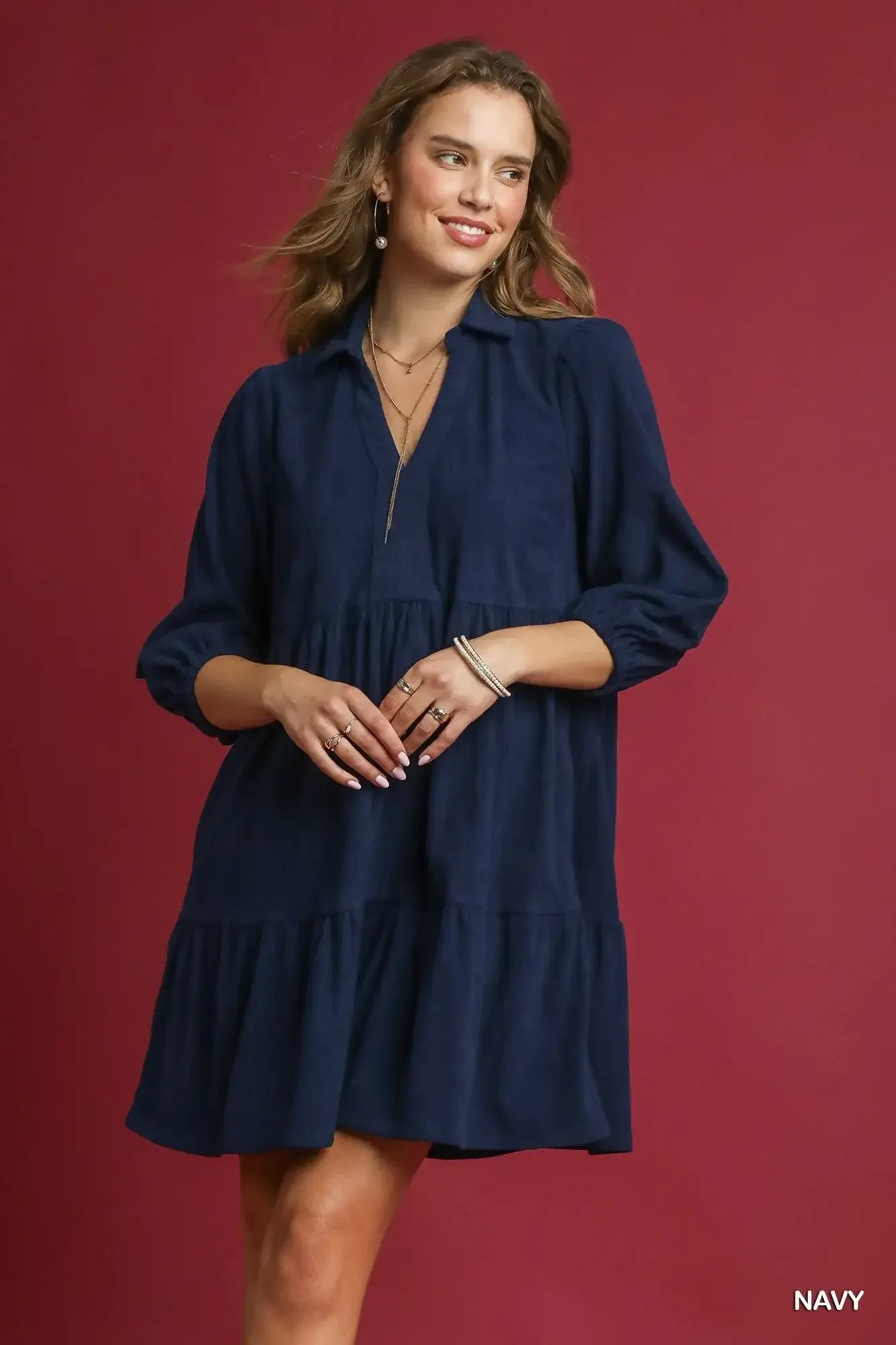 Umgee Tiered Corduroy Mini Dress with Balloon Sleeves - Trendsi - Flyclothing LLC