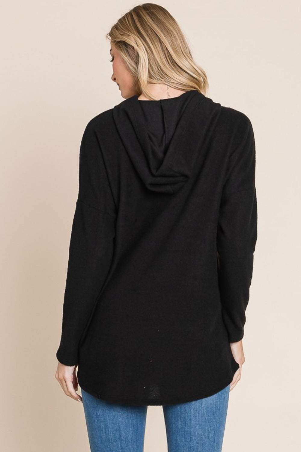 BOMBOM Contrast Drawstring Drop Shoulder Knit Hoodie - Trendsi - Flyclothing LLC