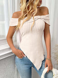 Ribbed Off-Shoulder Asymmetrical Hem T-Shirt - Trendsi - Flyclothing LLC