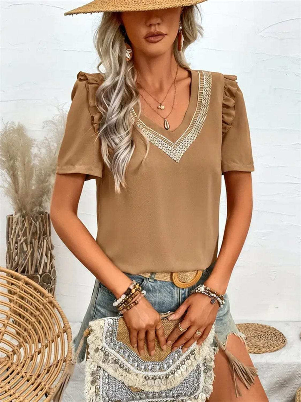 Ruffled V-Neck Short Sleeve Blouse - Trendsi - Flyclothing LLC