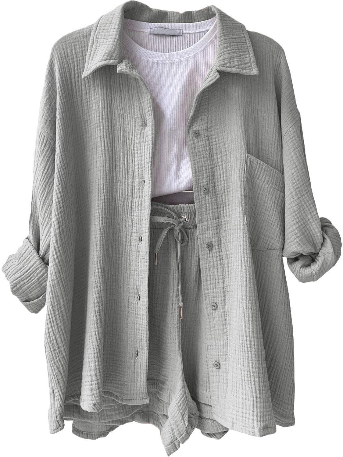 Texture Button Up Shirt and Drawstring Shorts Set - Trendsi - Flyclothing LLC