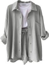 Texture Button Up Shirt and Drawstring Shorts Set - Trendsi - Flyclothing LLC