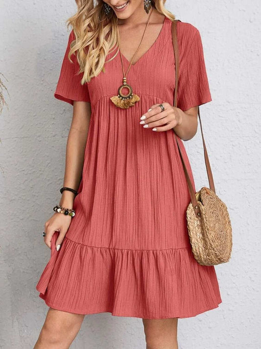 Full Size V-Neck Short Sleeve Dress - Trendsi - Flyclothing LLC