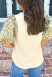 Floral Puff Sleeve Ribbed Blouse - Trendsi