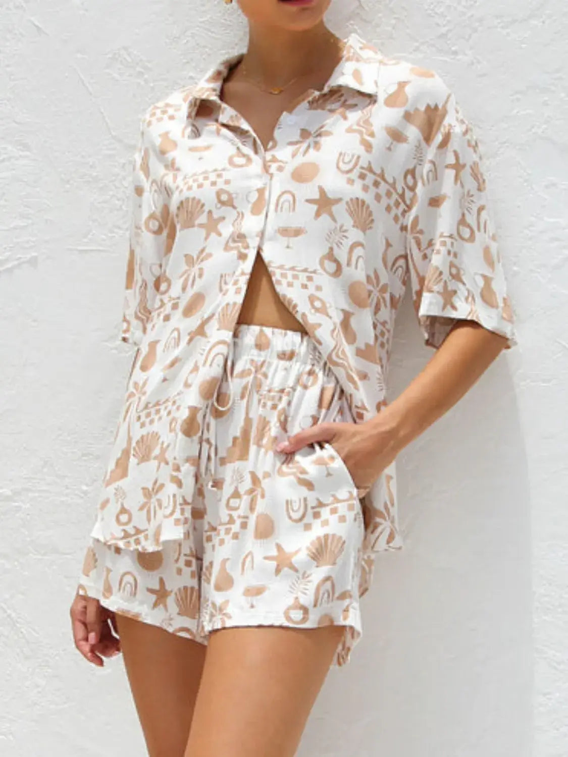 Printed Button Down Short Sleeve Top and Shorts Set - Trendsi - Flyclothing LLC