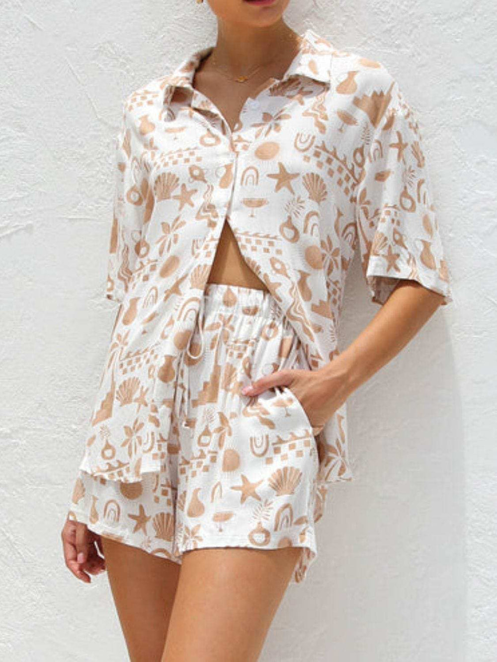 Printed Button Down Short Sleeve Top and Shorts Set - Trendsi - Flyclothing LLC