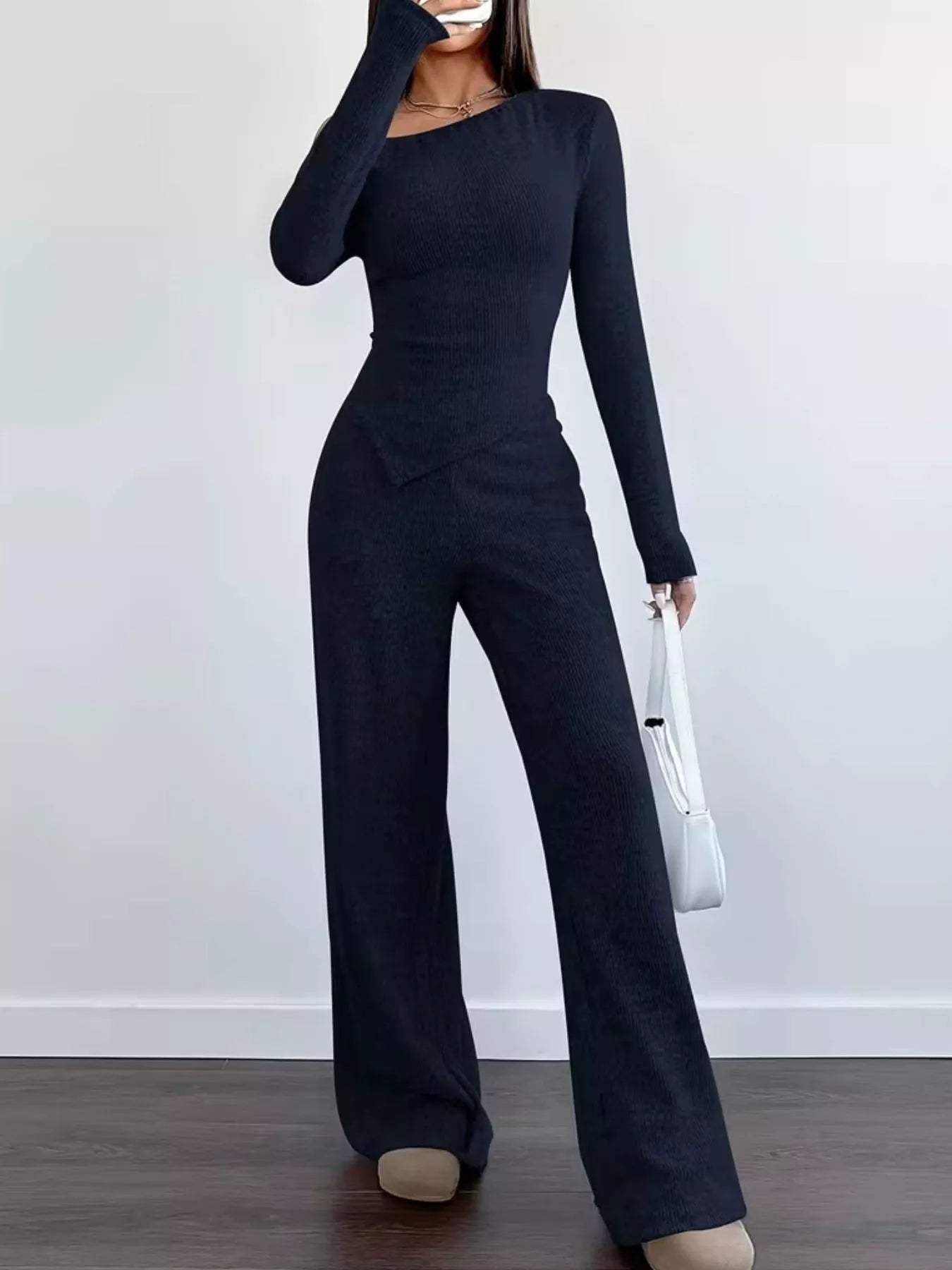Chic One-Shoulder Asymmetrical Top and Wide-Leg Pants Set - Trendsi - Flyclothing LLC