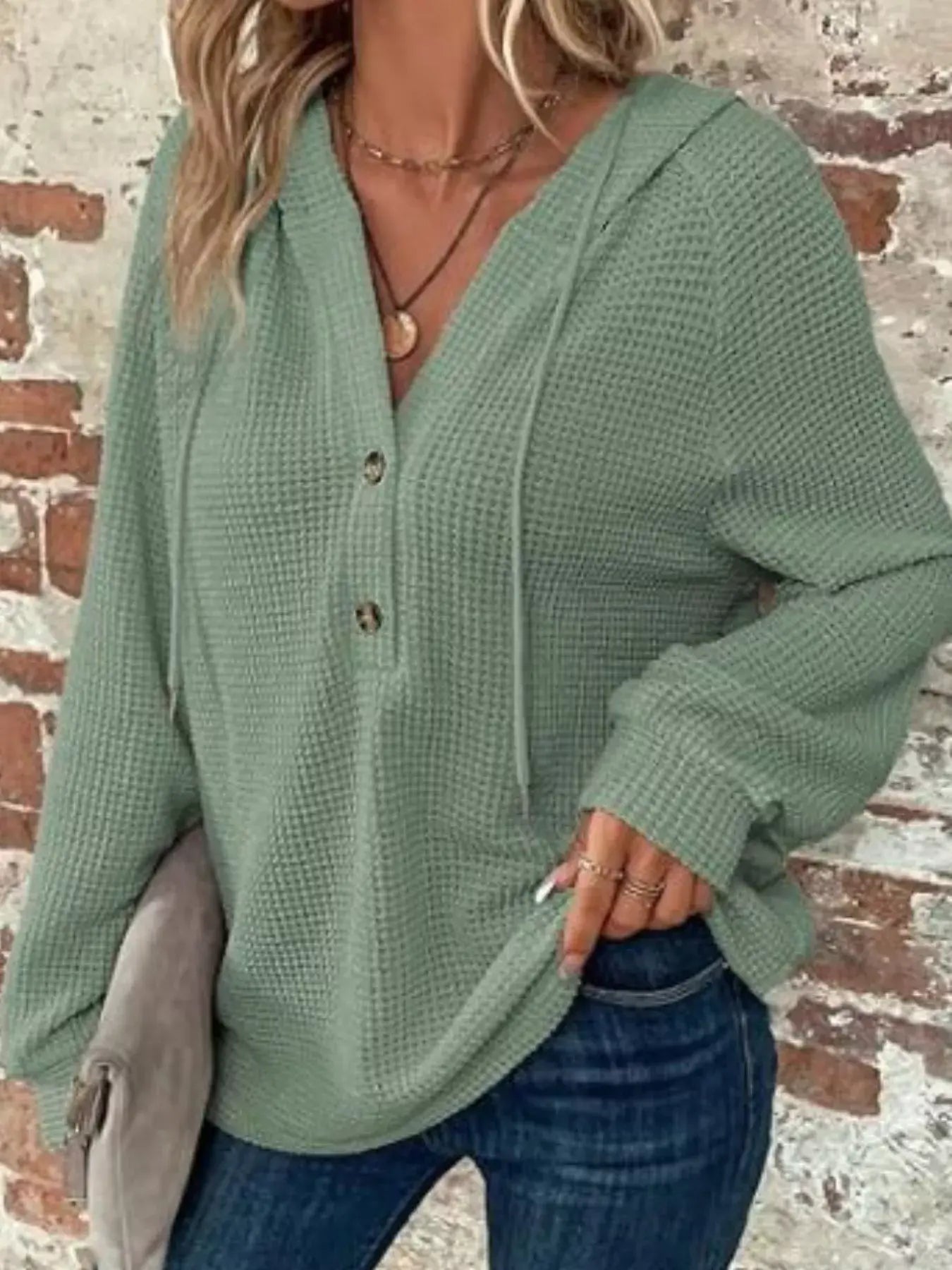 Waffle Knit Button Detail Hoodie - Trendsi - Flyclothing LLC