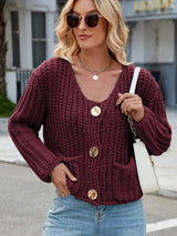 Round Neck Button Up Cardigan with Pockets - Trendsi - Flyclothing LLC