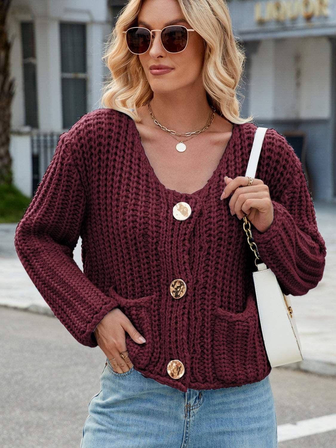 Round Neck Button Up Cardigan with Pockets - Trendsi - Flyclothing LLC