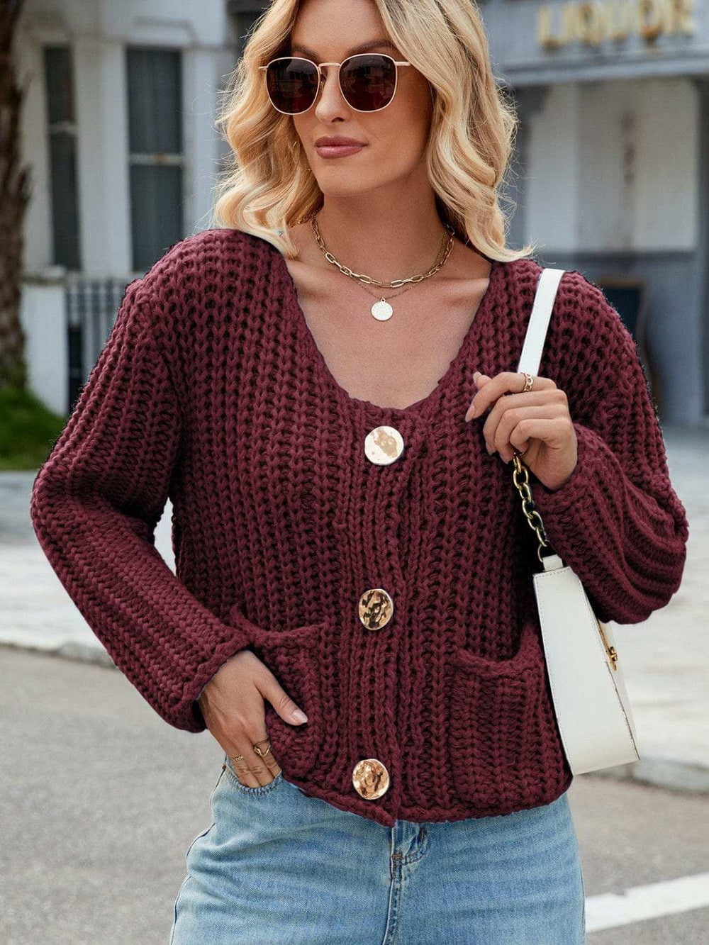 Round Neck Button Up Cardigan with Pockets - Trendsi - Flyclothing LLC