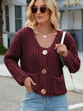 Round Neck Button Up Cardigan with Pockets - Trendsi - Flyclothing LLC