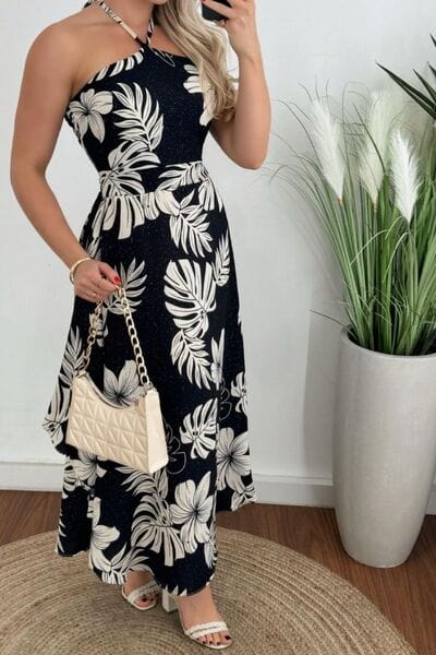 Smocked Printed Halter Neck Dress - Trendsi