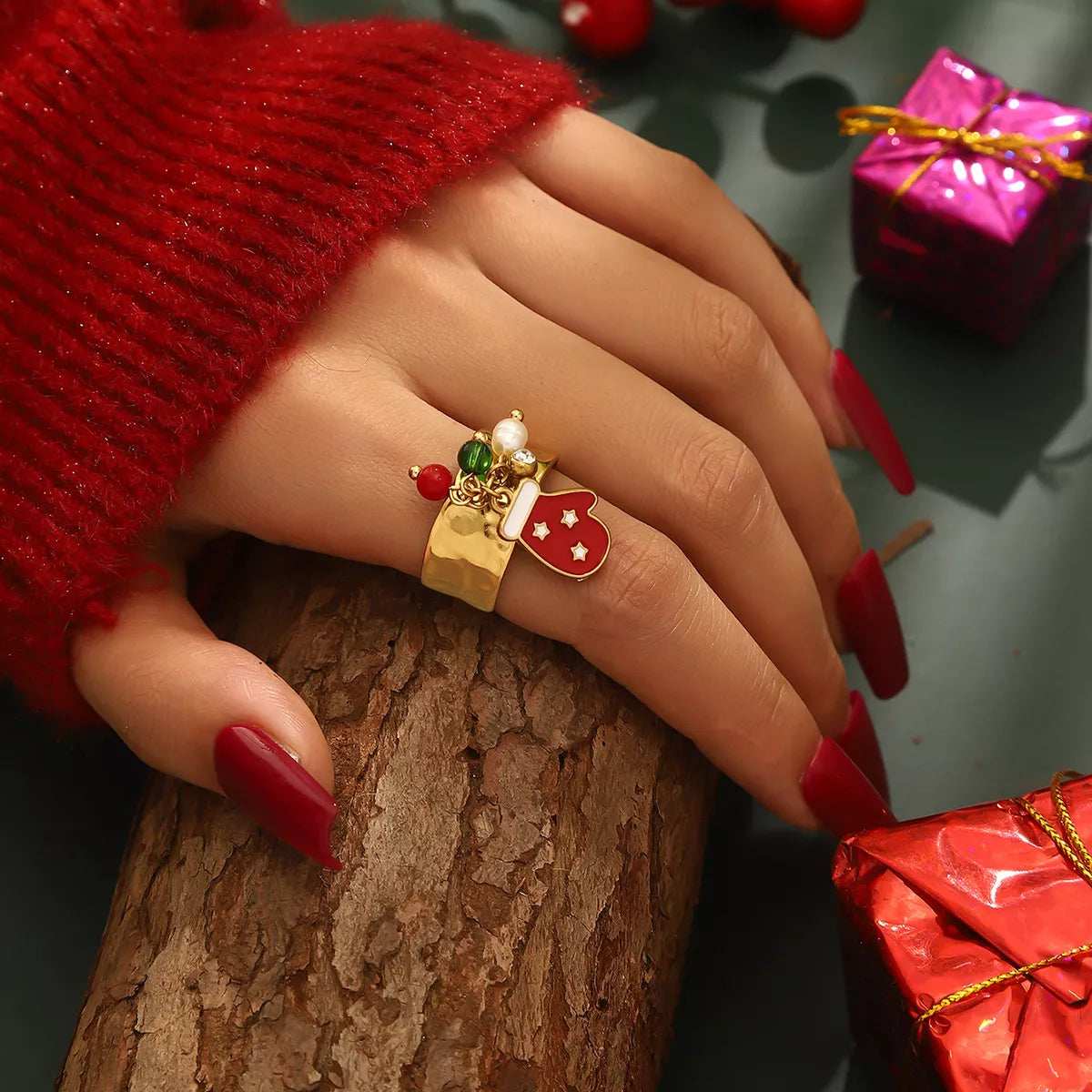 18K Gold-Plated Christmas Charm Ring - Trendsi - Flyclothing LLC