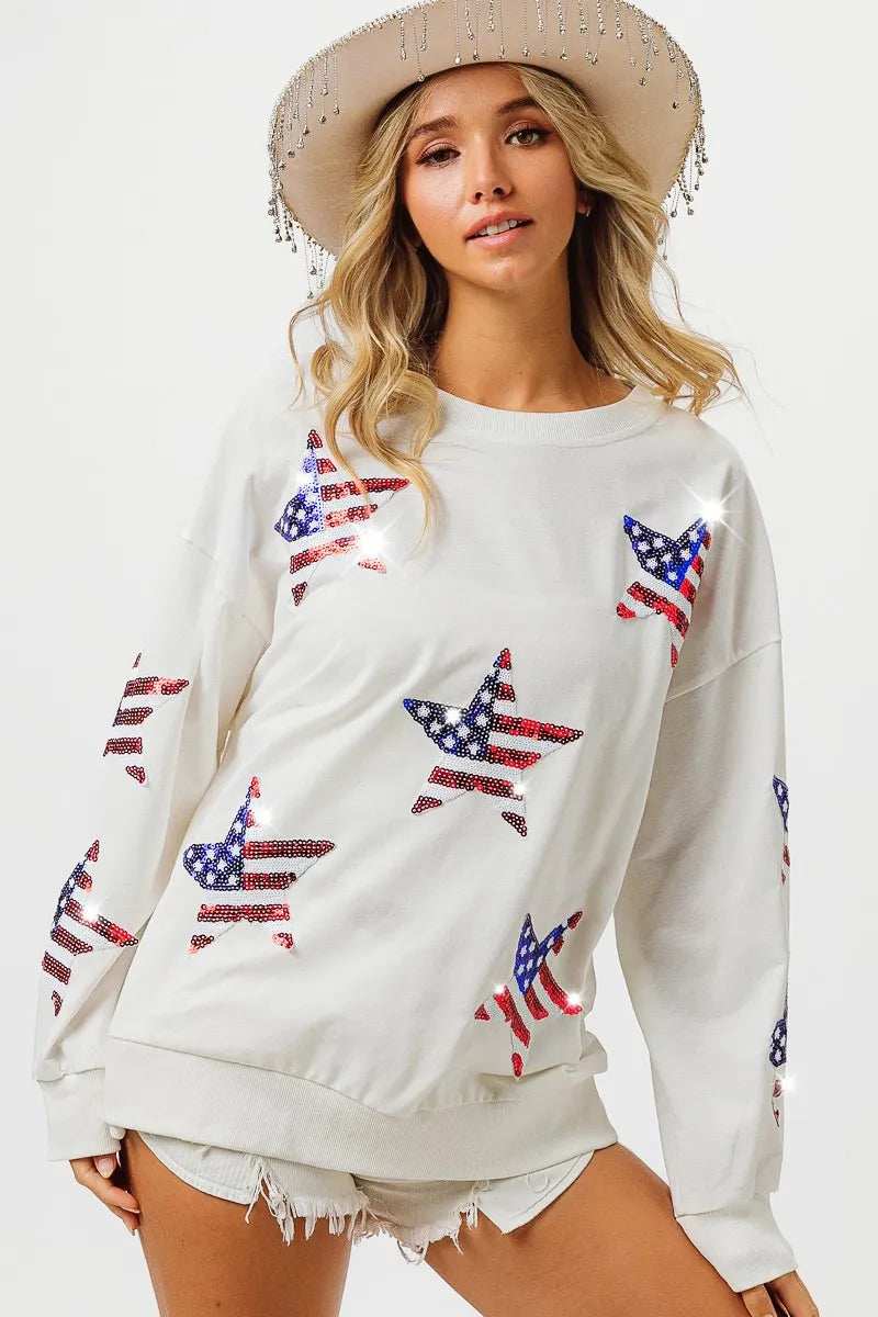 BiBi American Flag Sequin Star Sweatshirt - Trendsi - Flyclothing LLC