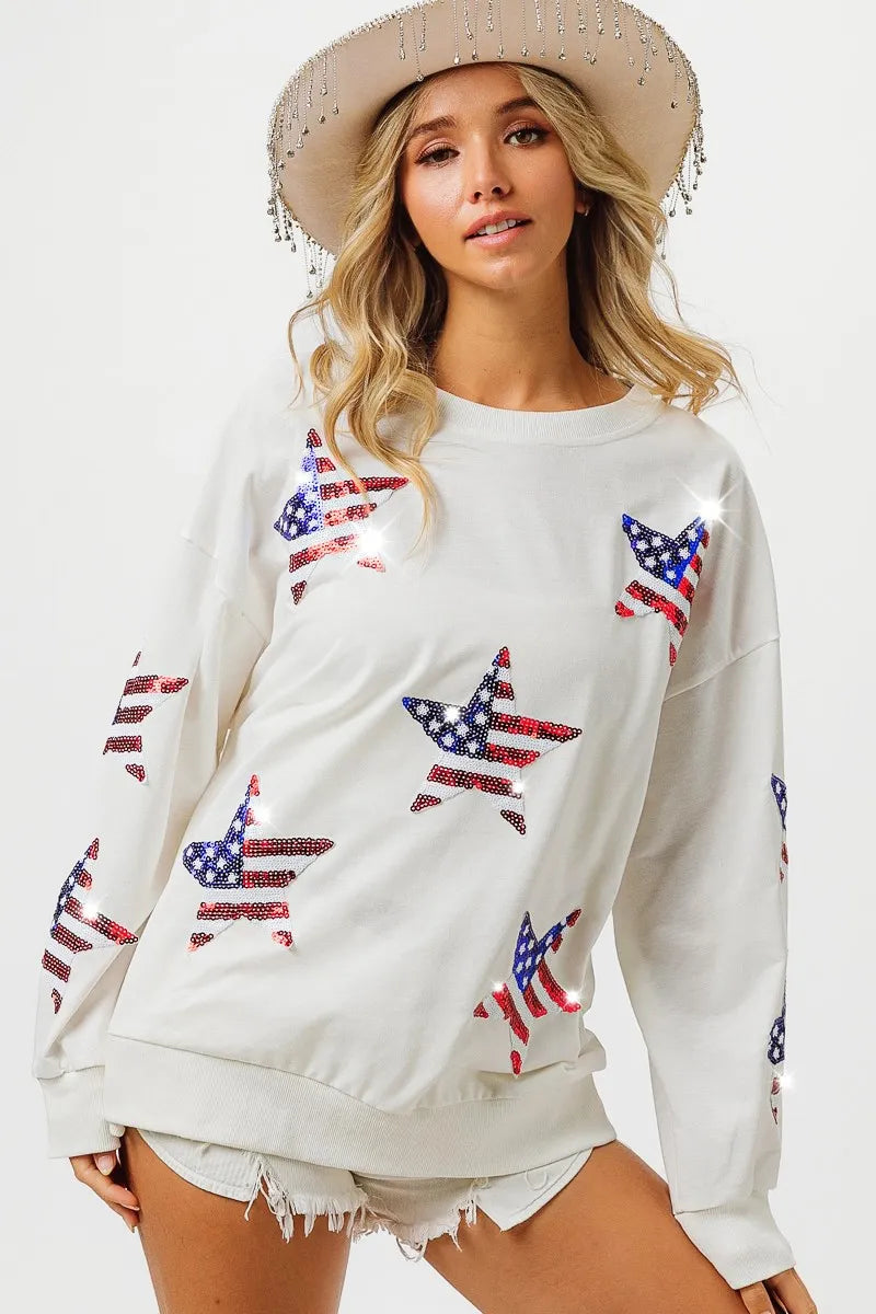 BiBi American Flag Sequin Star Sweatshirt - Trendsi