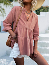 Ruffled Notched Three-Quarter Sleeve Blouse - Trendsi - Flyclothing LLC