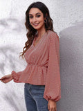 Ruched Printed V-Neck Long Sleeve Blouse - Trendsi - Flyclothing LLC