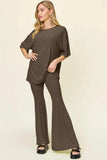 Double Take Full Size Round Neck Drop Shoulder T-Shirt and Flare Pants Set - Trendsi - Flyclothing LLC