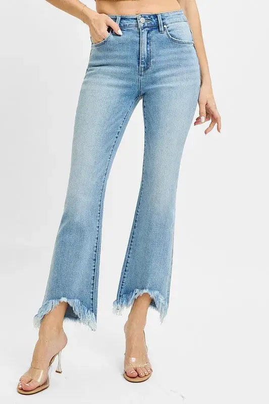 RISEN Full Size High Rise Crop Bootcut Fray Hem Jeans Plus Size - Trendsi - Flyclothing LLC