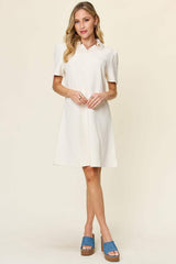 Double Take Full Size Texture Collared Neck Short Sleeve Dress - Trendsi - Flyclothing LLC