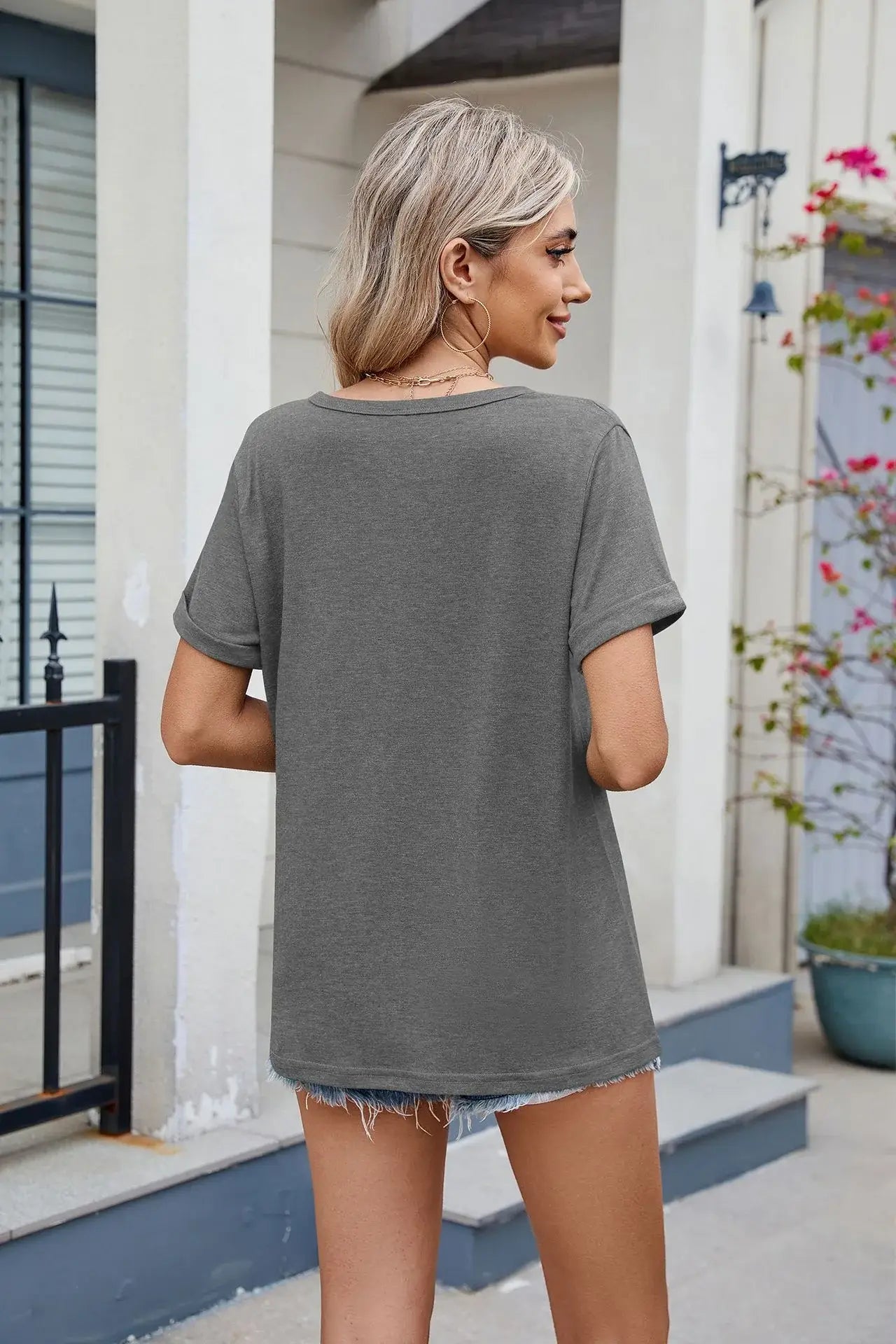 Florira Notched Short Sleeve T-Shirt - Trendsi - Flyclothing LLC