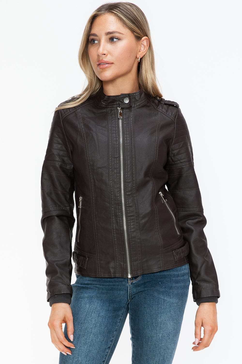 Snobbish PU Leather Biker Jacket with Side Zip Pockets - Trendsi - Flyclothing LLC