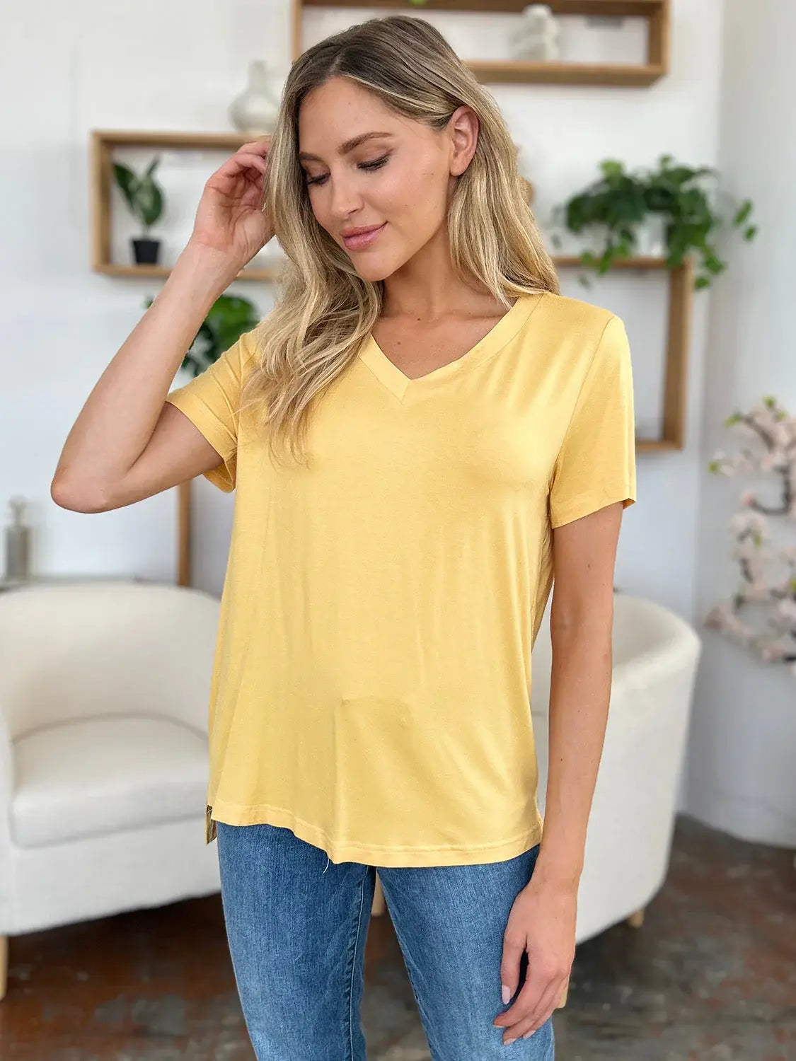 Basic Bae Bamboo Full Size V-Neck High-Low T-Shirt - ShopBasicbae - Flyclothing LLC