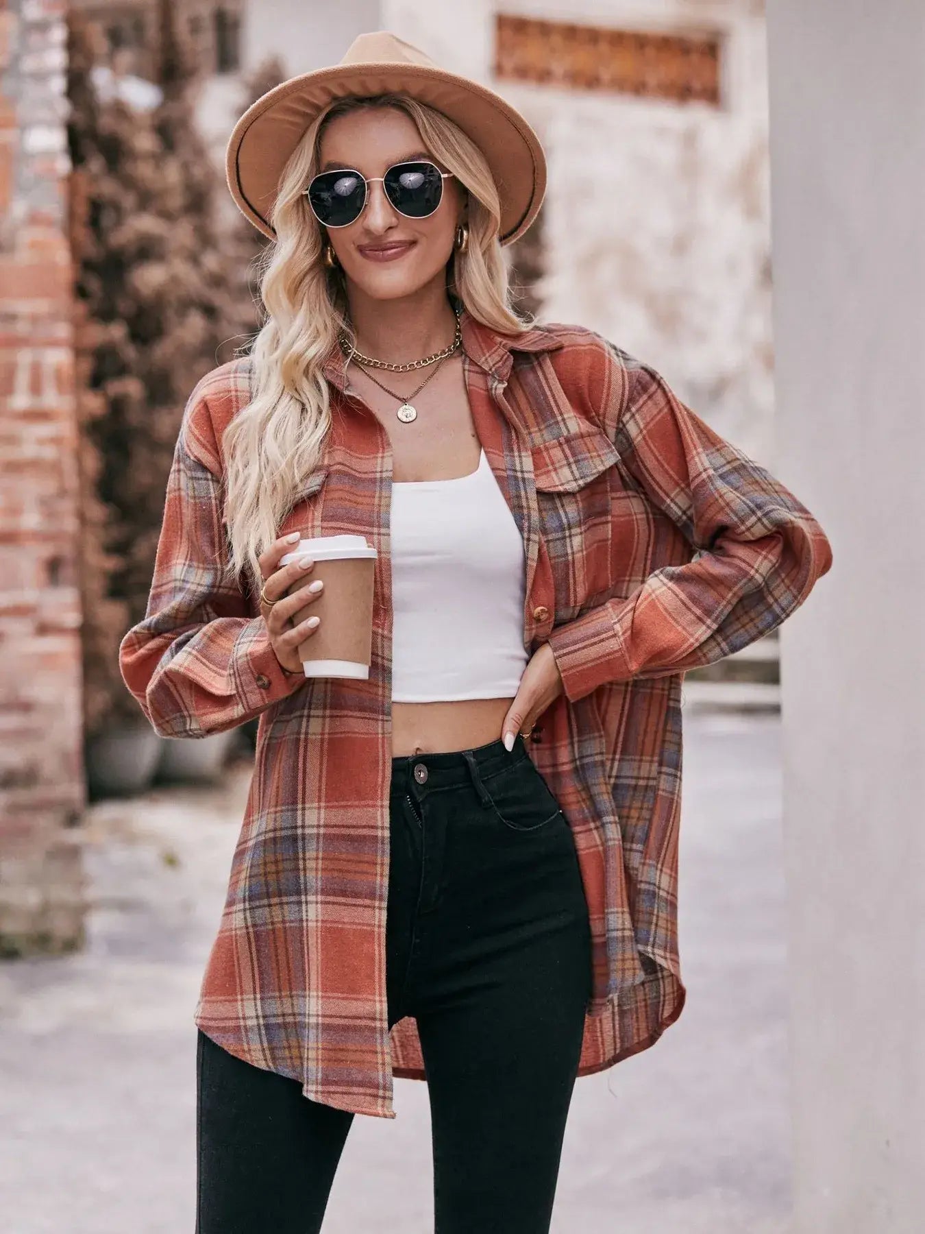 Plaid Button-Down Long Sleeve Shirt - Trendsi - Flyclothing LLC