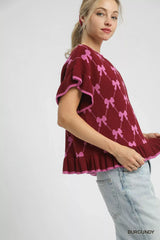 Umgee Bow Knit Ruffle Sleeve Sweater - Trendsi - Flyclothing LLC