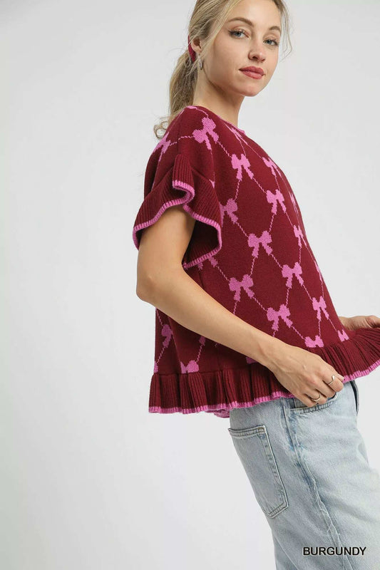Umgee Bow Knit Ruffle Sleeve Sweater - Trendsi - Flyclothing LLC