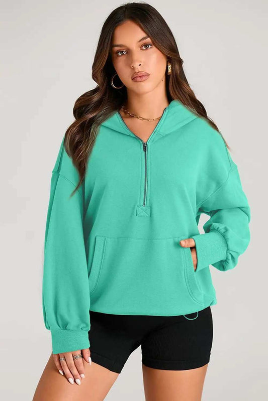 Pocketed Half Zip Long Sleeve Hoodie - Trendsi - Flyclothing LLC