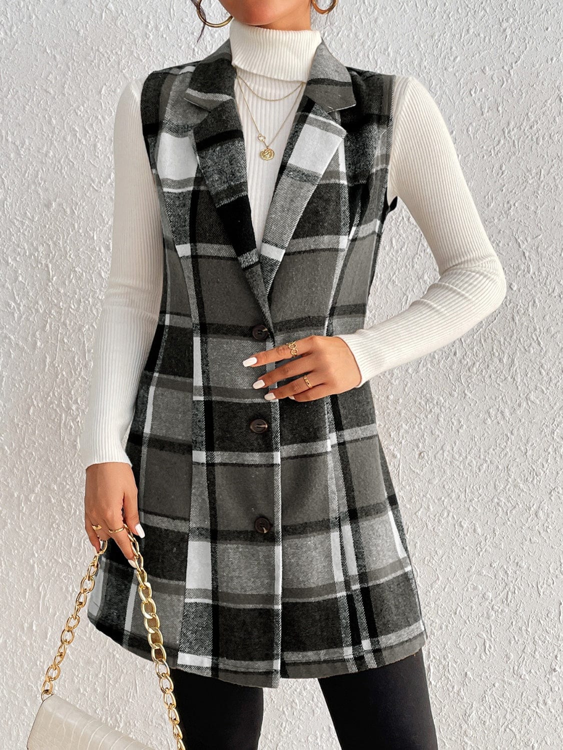 Honey Plaid Button Up Vest Coat - Trendsi