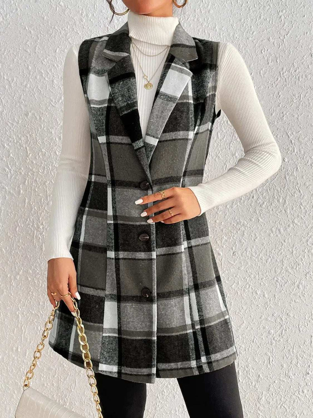 Honey Plaid Button Up Vest Coat - Trendsi - Flyclothing LLC