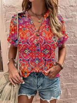 Full Size Printed Notched Short Sleeve Blouse - Trendsi - Flyclothing LLC