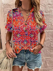Full Size Printed Notched Short Sleeve Blouse - Trendsi