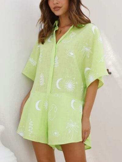 Printed Collared Neck Half Sleeve Romper - Trendsi - Flyclothing LLC