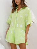 Printed Collared Neck Half Sleeve Romper - Trendsi